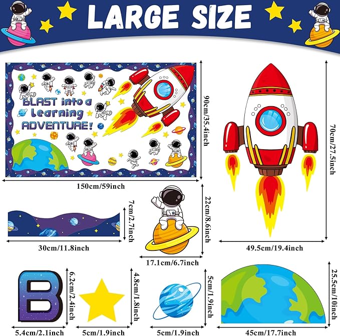 Justforjoyful Outer Space Astronaut Bulletin Board Decorations Space Theme Classroom Decor Back to School Galaxy Borders Blast into a Learning Adventure Rocket Solar System Planet Paper Cutouts Kids