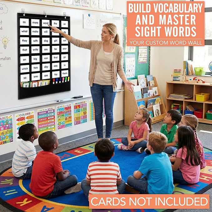Pocket Chart for Classroom - 7+1 Black Pocket Chart for Alphabet Learning Word Wall Calendar Daily Schedule Sentence Strips Sticker Display, Teacher Supplies for Preschool Kindergarten & Home