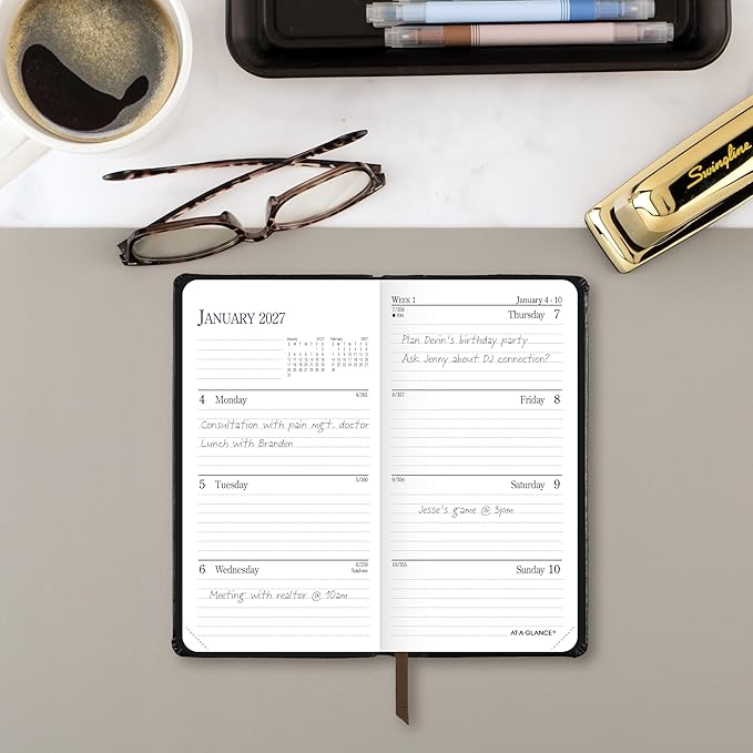 AT-A-GLANCE 2027 Planner, Weekly & Monthly, 3" x 6", Pocket Size Fine Diary, Faux Leather Hardcover, Black Brown (74020527)