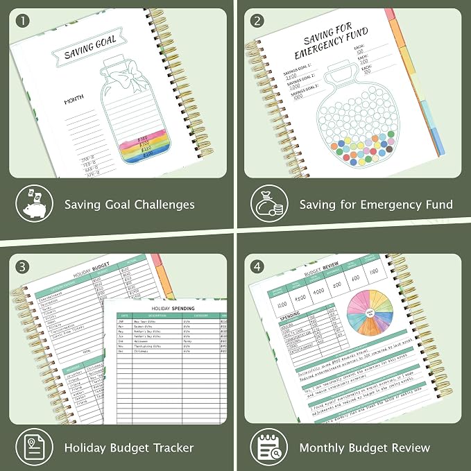 Ospelelf Budget Planner - Monthly Budget Book with Expense Tracker Notebook, Undated 12 Month Bill Organizer & Finance Planner, A4 Account Book with 12 Index Pockets, Zipper Pouch, Stickers(Green)