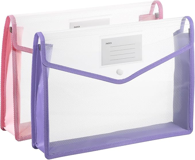 PATIKIL Plastic Expanding File Folders, 2 Pack A4 File Folder Envelopes Letter Size Document Organizer Supplies with Snap Closure for Classroom Office, Purple/Pink, Horizontal