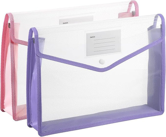 PATIKIL Plastic Expanding File Folders, 2 Pack A4 File Folder Envelopes Letter Size Document Organizer Supplies with Snap Closure for Classroom Office, Purple/Pink, Horizontal
