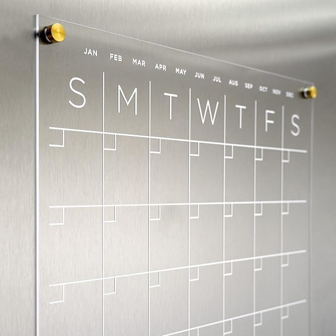 Magnetic Acrylic Month & Notes Calendar for Fridge, 14” x 18” Clear Refrigerator Planning Board, Includes 4 Magnetic Wet-Erase Markers, Gold Corner Magnets