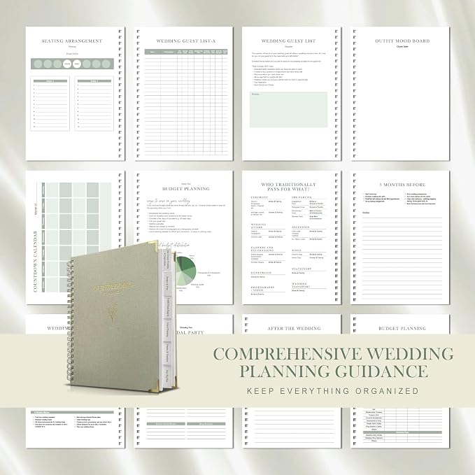 Wedding Planner Book and Organizer for Bride - Elegant Linen Cover Wedding Planning Binder with Checklists,Pockets & Calendars,Perfect Engagement Gifts for Couples(Sage)