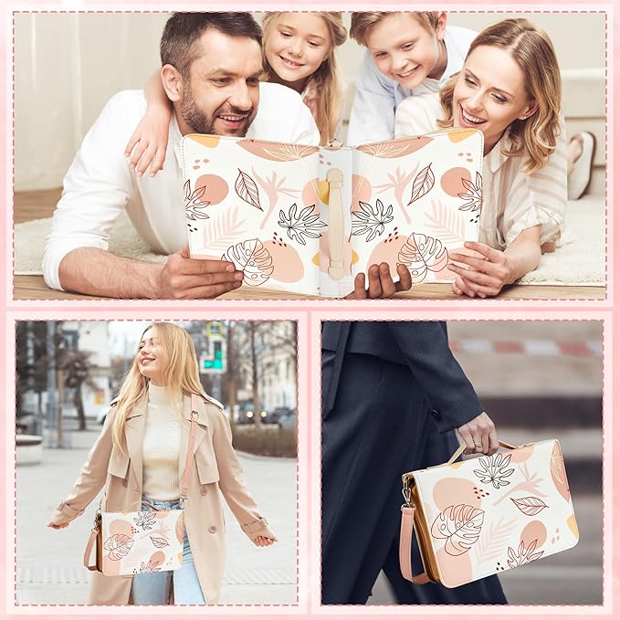 19PCS Leaves Design Leather Bible Cover for Women Boho Bible Cover Cases for Teen Girls Christmas Gift Christian Church Carrying Bag Journaling Kit with Shoulder Strap Highlighter Pens Book Marker