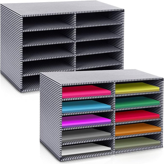 Dispowreath 2 Pack 10 Slots Construction Paper Storage, Classroom Mailboxes, Back to School Literature Cardboard Paper Organizer for Teacher, Office, 19.7 x 12.4 x 11.8 Inches(White,Stripes)