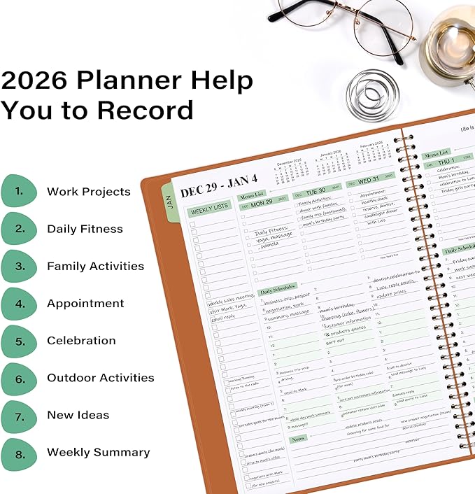 2026 Planner - Planner 2026 Weekly and Monthly, 11.38'' x 8.74'', 2026 Calendar Leather Planner, JAN 2026 - DEC 2026, Daily Hourly Appointment Book, To Do List, Monthly Tabs, Faux Soft Leather, Back Pockets - Brown