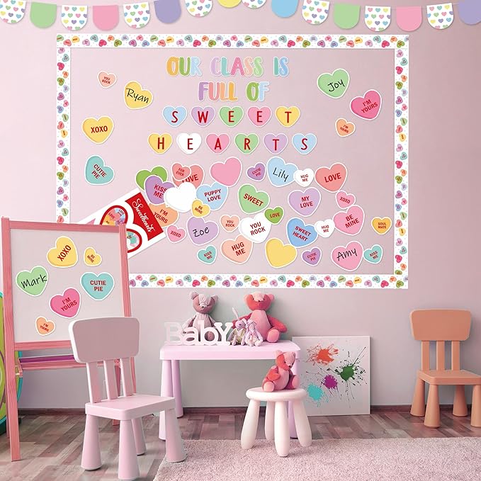 130Pcs Valentine’s Day Conversation Heart Bulletin Board Classroom Decoration Set, Sweet Candy Heart Cutouts Banner Name Tags, School Classroom Chalkboard Wall Decor Valentines Party Supplies