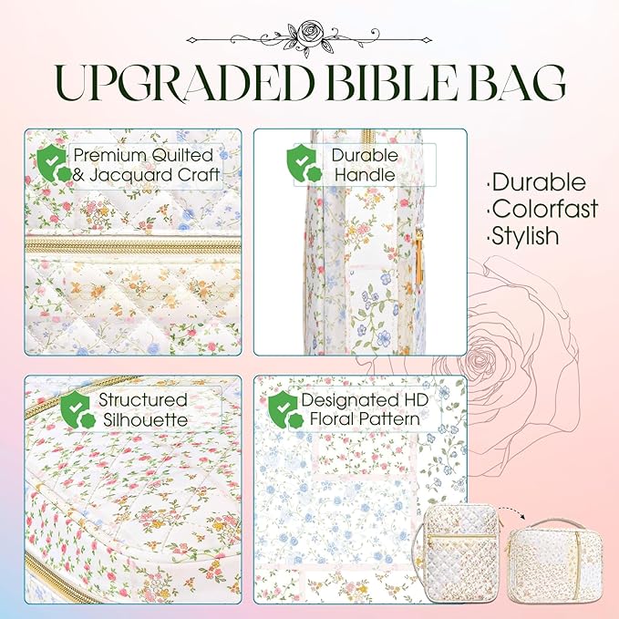 Bible Cover Case for Women Girls: Christian Mothers Day Gifts for Mom Large Quilted Bible Bag with Multi Pockets 26Pcs Study Supplies Journaling Kit, Floral Print Durable Book Carrying Organizer