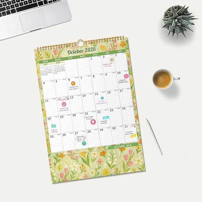 Ospelelf Wall Calendar 2026-2027 with Storage Pocket, 17" X 12" Monthly Large Planner Pad with Protective Cover and Stickers, for Family Fridge Office Teacher Student, January 2026 to June 2027 Artistic Floral