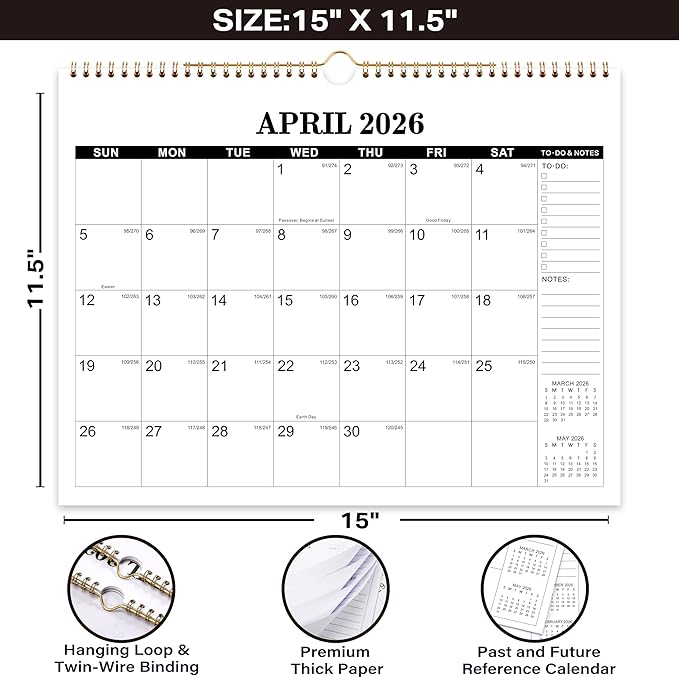 2026 Calendar - 2026 Wall Calendar, Jan. 2026 - Dec. 2026, 14.6'' x 11.4", Large Wall Calendar with Highlighted Holidays, Sturdy Binding, Calendar for Planning