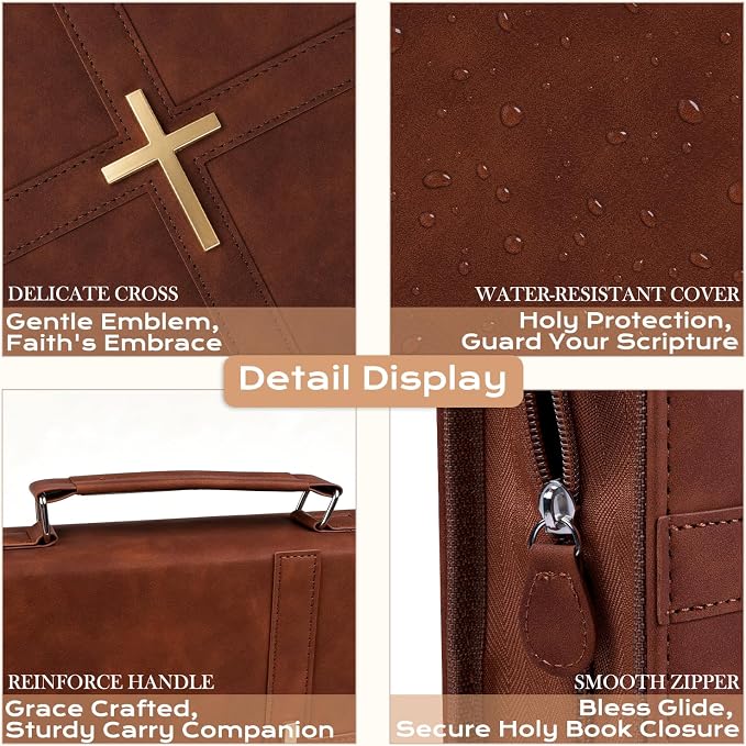 XKDOUS Bible Cover Case Leather Book Carrying Case Large Bible Bag Organizer with Cross, Handle, Pens, Tabs, Study Supplies Journaling Kit Father Day Christian Gifts for Dad, Mom, Men, Women