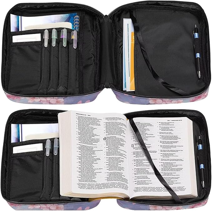 Butterfly Pink Blossom Print Bible Covers for Women Men Zippered Bible Carrying Case Bible Carrier Book Bag Church Bag Bible Protective with Handles