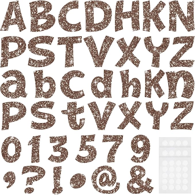 Colarr 216 Pcs Glitter Bulletin Board Letters for Classroom Number Alphabet Punctuation Symbol Cutout 4'' Die-Cut Poster Letter with Adhesive Dot School Party Holiday Decor Display(Brown)