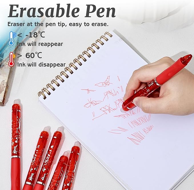 6 Pcs Retractable Erasable Pens, Colored Gel Red Ink Pens Clicker with Erasers, 0.5mm Fine Point Smooth Writing Pen for Journaling Note-Taking Crossword Puzzles Supplies (Red)