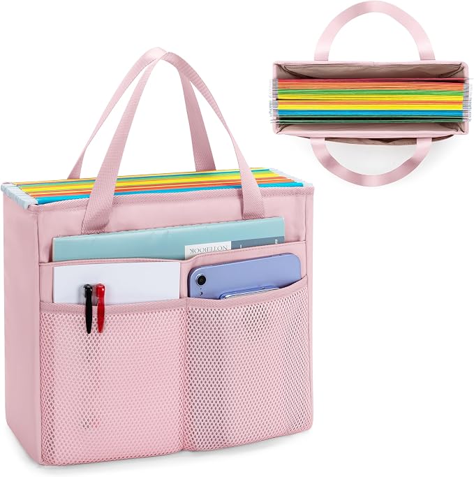 File Folder Tote Bag with Handle, Portable Document Organizer Box for Letter Size File Folder, Folding File Case for Home Office, Pink
