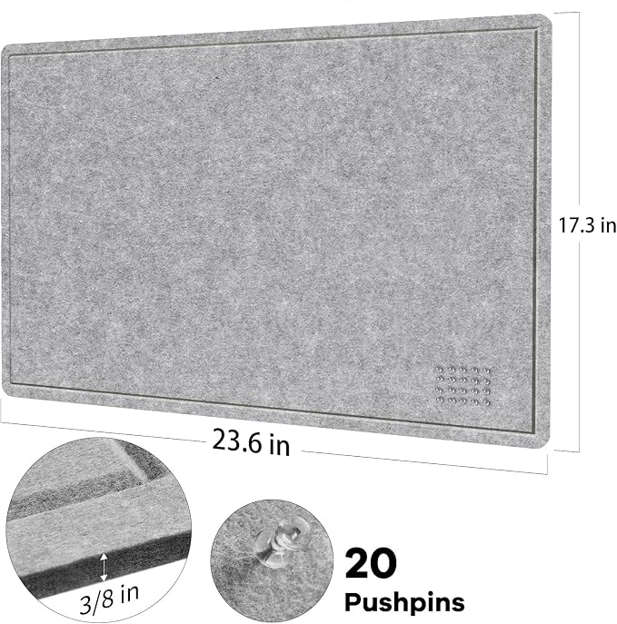 Lightomorrow Bulletin Board, 24 x 18 inches Felt Board - Decorative Pin Board, Cork Board Alternative for Wall, Foldable Self-Adhesive Vision Board Prayer Board with 20 Pushpins-Silver Gray