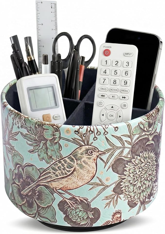 Round Leather Art Supply Organizer,Remote Control Holder,360 Degree Spinning,Multi-Functional Pencil Holder,4 Compartments Desktop Stationary Organizer(1-Green Bird)