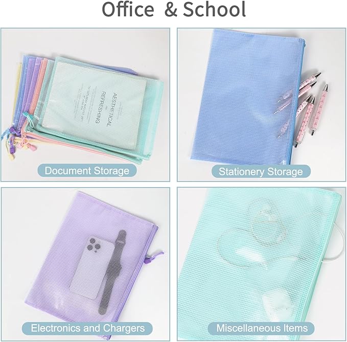 10 Pcs A4 Clear Zipper Pouch Bags - 5 Colors Plastic Mesh Storage Organizers for School Supplies, Office Travel Accessories & Classroom Organization (A4)