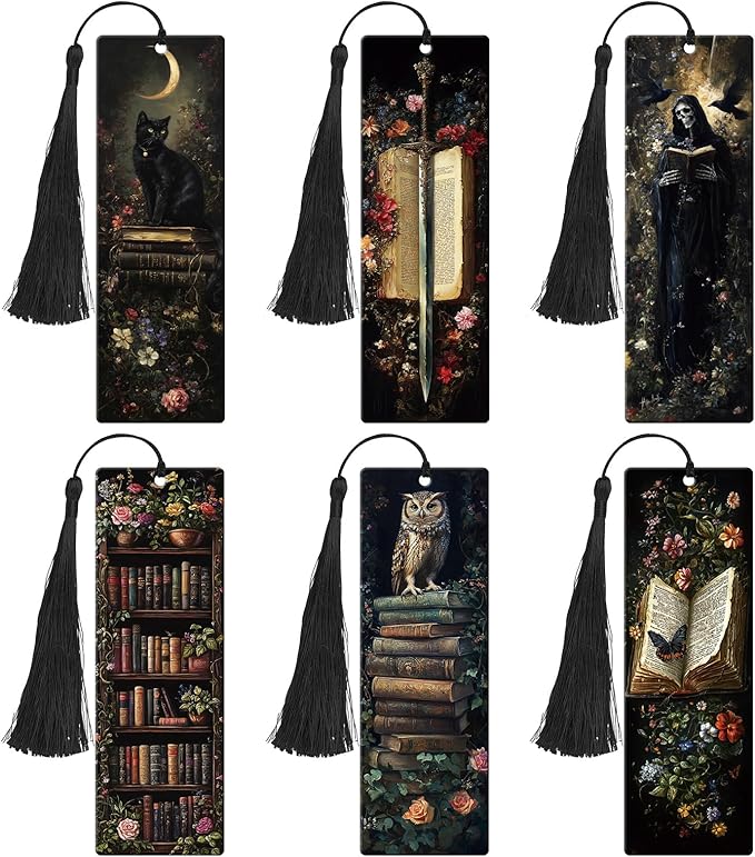 Dark Academia Acrylic Bookmarks Gifts - Hamdwerk 6 Pcs Dark Romance Bookmarks with Tassels Gothic Skeleton Flower Book Marks Page Marker Clip for Women Book Lover Teacher Student Bookish Reading Gift