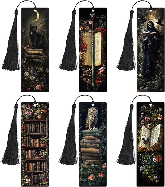 Dark Academia Acrylic Bookmarks Gifts - Hamdwerk 6 Pcs Dark Romance Bookmarks with Tassels Gothic Skeleton Flower Book Marks Page Marker Clip for Women Book Lover Teacher Student Bookish Reading Gift