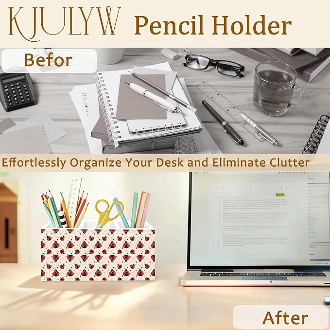 Cute Ladybug Pen Holder for Desk, Ladybug Lover Gifts, Red Lady Bug Decor Wooden Box Pencil Pen Holder Organizer for Home Office Desk Accessories