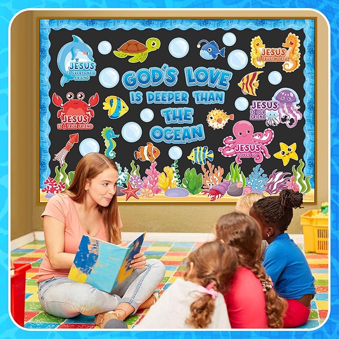 Dispowreath 74 Pcs Under the Sea Bulletin Board Set Jesus Christian Classroom Decoration Ocean Creatures Bulletin Board Cutouts for Religious Sea Animal Classroom Sunday School Decoration