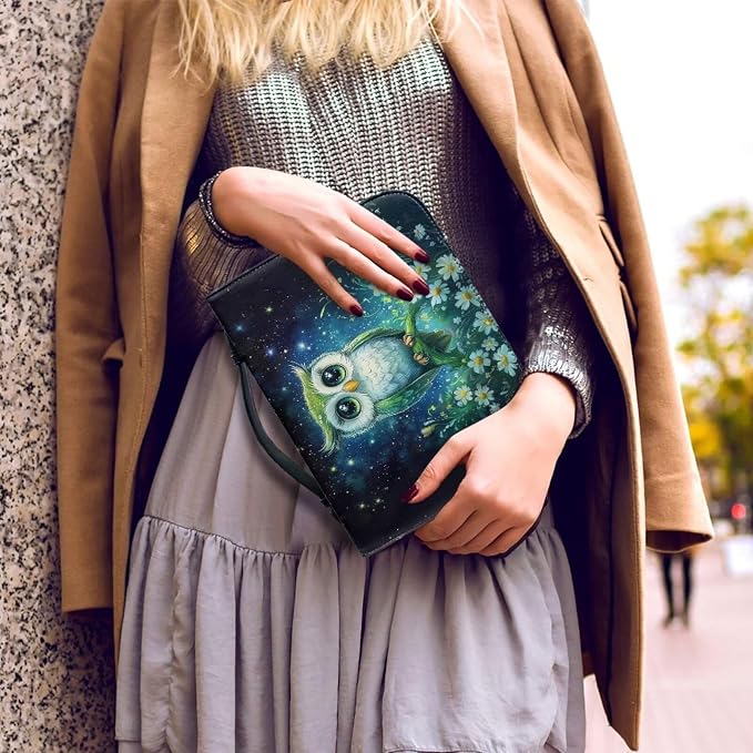 Galaxy Night Owl Bible Cover Bags Floral Pattern with Handle Bible Cover Carrier Carrying Organizer Bag Church Bag for Women Girls-Size M