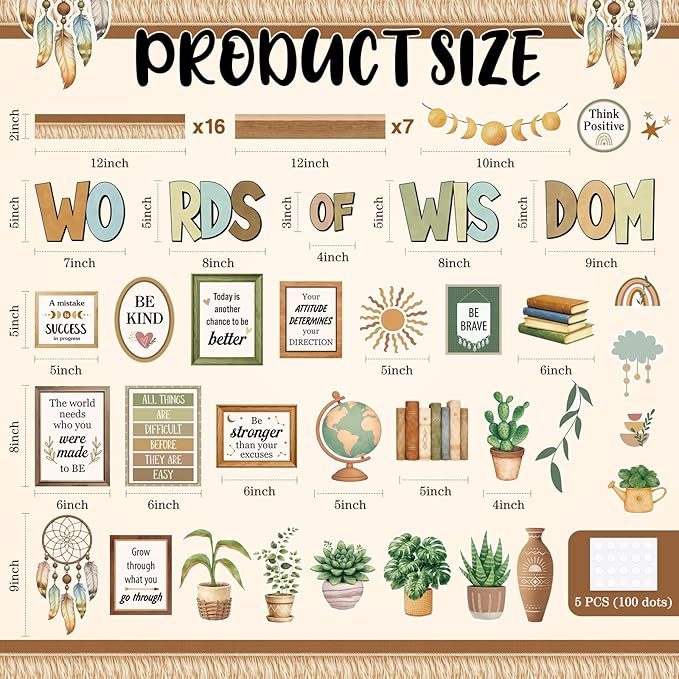 Mooliwe 57 Pcs Boho Bulletin Board Set Inspirational Greenery Classroom Decoration Potted Plant Rainbow Cutout for School Office Chalkboard Door Wall Decor
