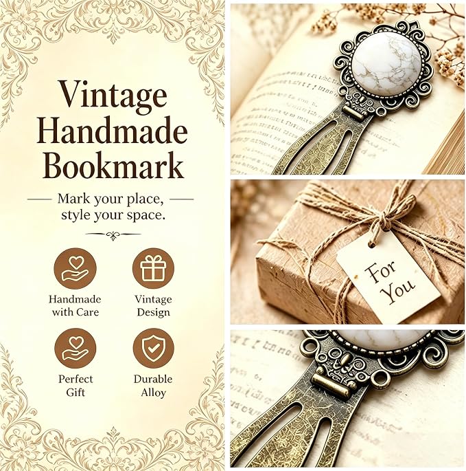 1Pcs Vintage White Howlite Bookmark with Natural Crystal Stone - Fantasy White Howlite Bookmark for Reading Women, Men, Book Lovers, Girls and Teachers Bookmarks