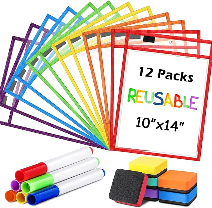 24 Pcs Dry Erase Pocket Reusable Sleeves 10" x 14" Clear Plastic Sheet Protectors with Markers and Mini Dry Erasers for Paper(Rainbow)