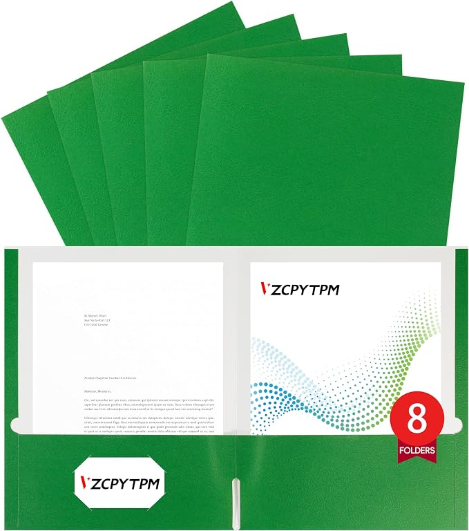 8 Packs Green Two Pocket File Folders,File Folder Letter Size,8.5x11Inches File Folders for Office,School and Home,Organizer File Folder