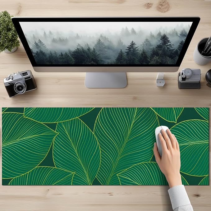 HOMETITUTE XL Mouse Pad 31.5 x 11.8 Inch Green Leaf Desk Mat Extended Large Keyboard Pad Non Slip Computer Mouse Pads Waterproof Desk Pad for Office Accessories Gaming Workstation Decor