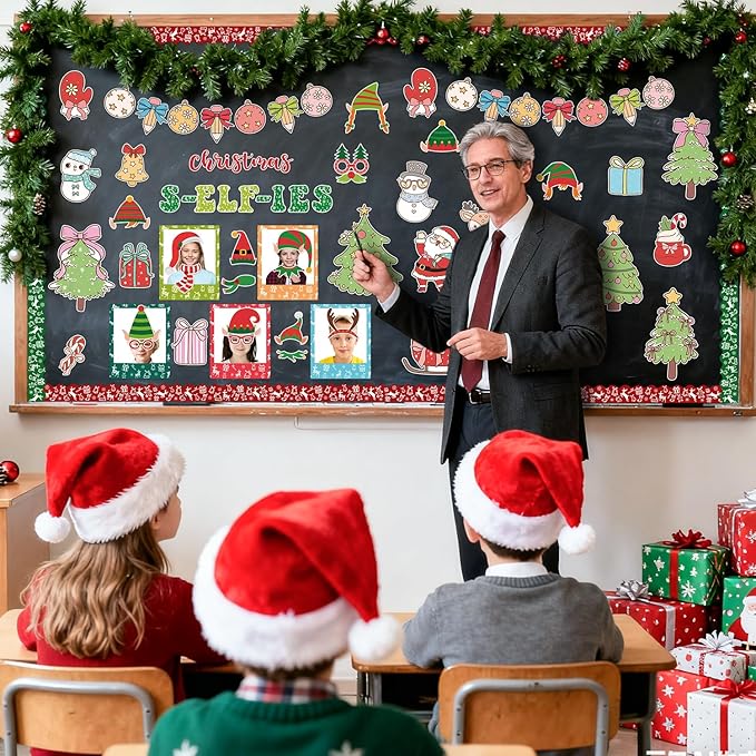 155Pcs Christmas Selfie Bulletin Board Decoration Set, Christmas Headwear Paper Cutouts DIY Photo Craft Cutouts Bulletin Board Border Trim, Classroom Chalkboard Supplies Wall Door Decor
