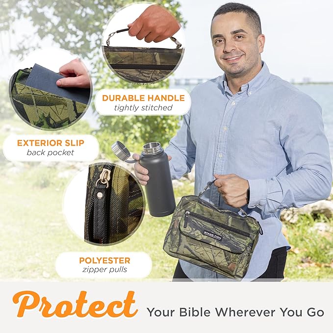 Christian Art Gifts Stand Firm Oak Moss Camo Poly-Canvas Organizer Bible Cover - 1 Corinthians 16:13, Medium