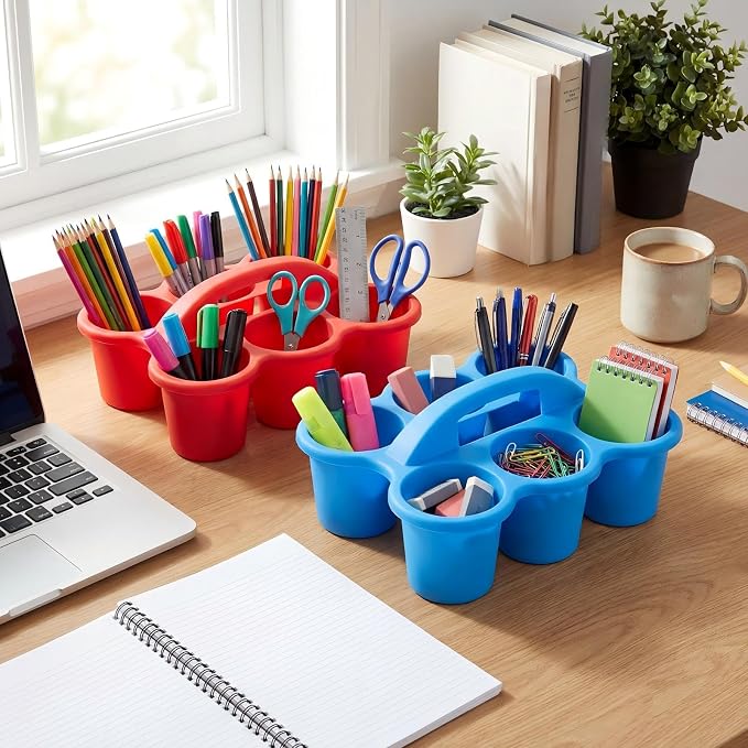Reallnaive 6 Pack Classroom Caddy Plastic Cup Crayon Pen Holder with Handle, 6-hole Cup Storage Art Caddies Table Organizer for Drink Delivery Pencil Pen School Office Art Crafting (Bright Colors)
