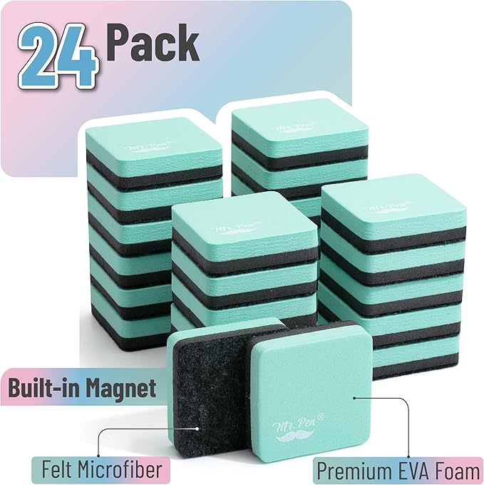 Mr. Pen- Mini Magnetic Dry Erase Erasers, 2" x 2", 24 Pack, Green, Small Magnetic Whiteboard Dry Erase Erasers Bulk for Kids, Teachers, Students and Classroom Supplies