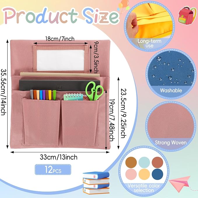 gisgfim 12 Pcs Small Chair Pockets for Classroom 13 x 14 Inch Bag with Name Tag Multi Pockets Chairsback Pouch Organizer for Student Kindergarten Elementary Daycare (Groovy)