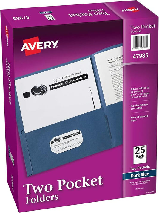Avery Two Pocket Folders, Holds up to 40 Sheets, Business Card Slot, Ideal for Portfolios, Presentations and School, Dark Blue, Box of 25 (47985)