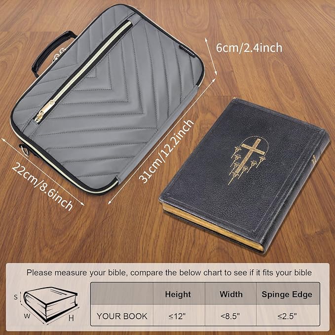 Bible Cover Case for Women, Large Bible Bag with Shoulder Strap, Quilted Book Carrying Case with Handle, Bible Study Supplies & Christian Gift for Women, Grey