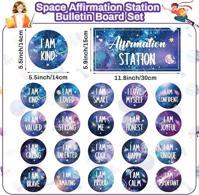 Outer Space Affirmation Station Bulletin Board Set Positive Bulletin Board for Classroom Growth Mindset Decoration Inspirational Motivational Accent Cutouts for Home School Teacher Wall Mirror Supply