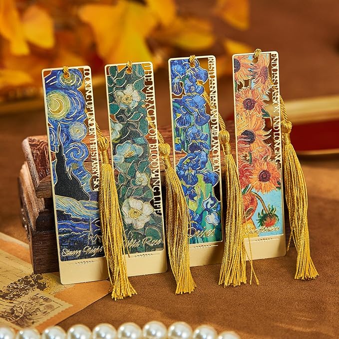 4 PCS Metal Bookmarks with Tassels,Vintage Van Gogh Bookmark,Gift Box Package, Book Lover Gifts for Women Adults Teens Teacher