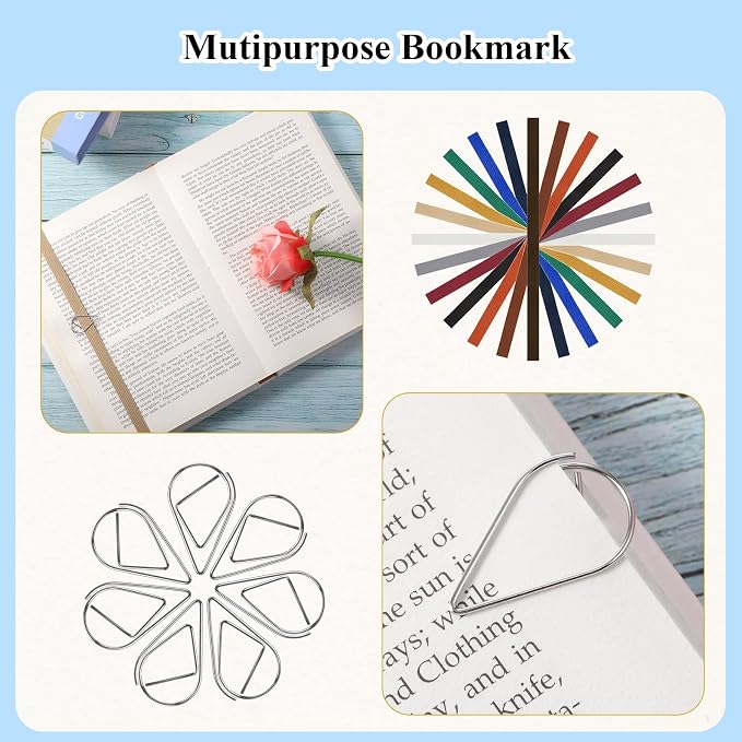 Elastic Bookmarks Set Multi Color Elastic Rope Bands Planner Bookmarks Include 30 Pcs Stainless Steel Teardrop Paper Clips and 12 Pcs Bands for Office School Reader(Retro Color)