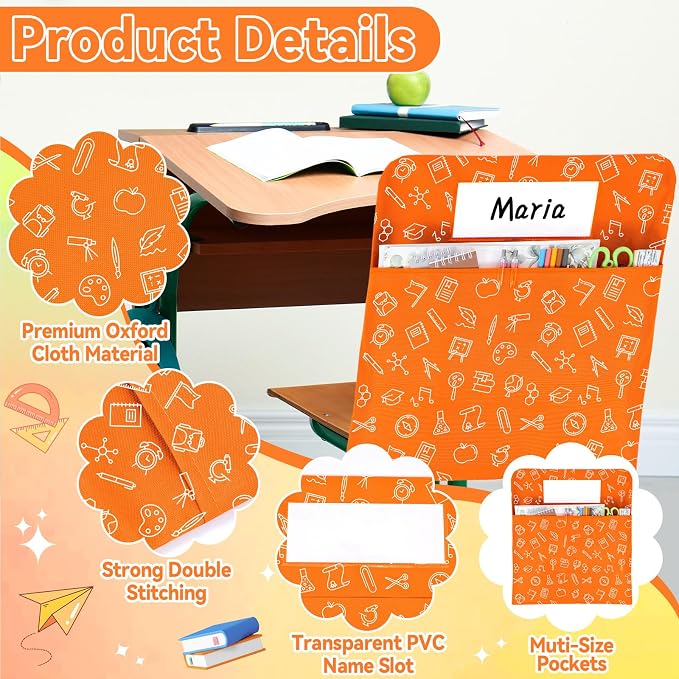 gisgfim 24 Pcs Chair Pockets for Classroom 17 x 20 Inch Colorful Stationery s with Name Tag Chairback Pouch Bag Organizer for Student Elementary School Daycare Supply