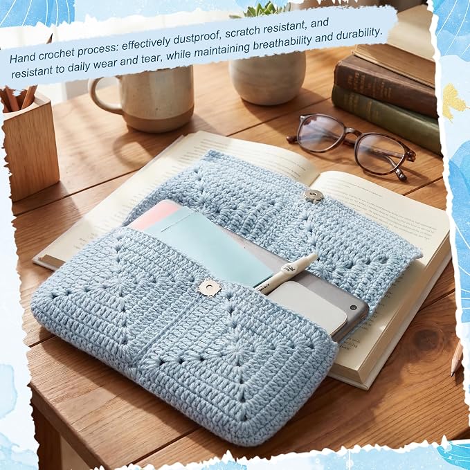 Maitys Crochet Bible Sleeve with Bow 11 x 9 Inch Handmade Blue Crochet Book Cover Protector with Magnetic Snap Washable Bible Bag Pouch Christian Gift for Women Book Lover Gifts
