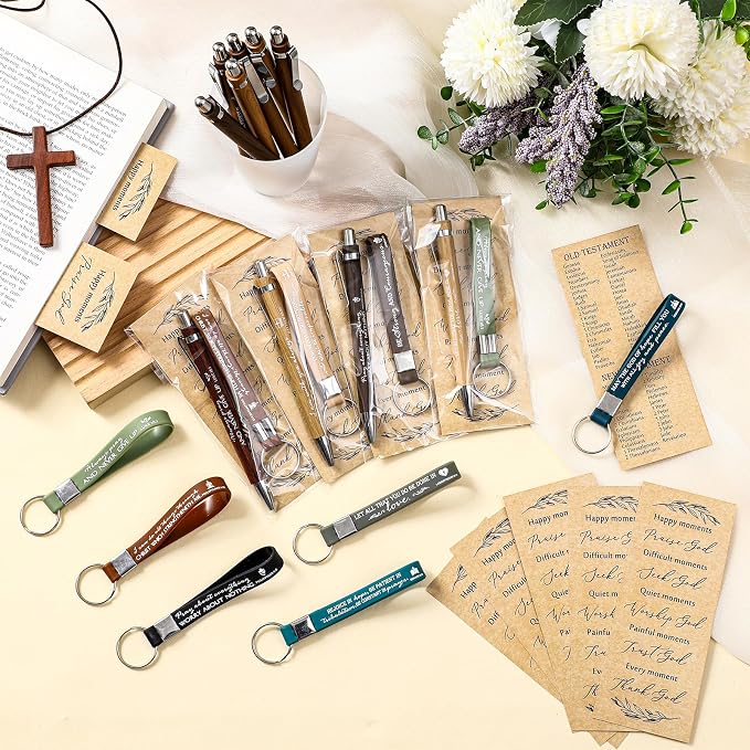 Gueevin 10 Sets Father's Day Christian Church Gift Bulk Bible Verse Bamboo Pens Religious Bookmarks and Scripture Silicone Keychains, Father's Day Thank You Gifts for Men