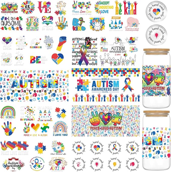 UV DTF Transfer Cup Sticker - 10 Sheets Autism Awareness UV DTF Cup Wraps for 16 oz Glass Cups, Waterproof Autism Colorful UV DTF Transfer Stickers, Personalized DIY Water Bottle Decals Crafts Gifts