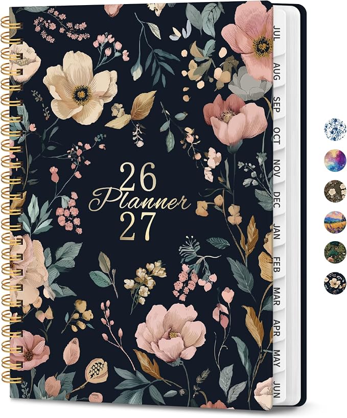 Planner 2026–2027, Academic Planner Weekly and Monthly Calendar Jul 2026 – Jun 2027 Hardcover Planner with Tabs and Pocket, Spiral Bound Agenda Book for Student & Teacher, 8.5" x 11", Evening Petals