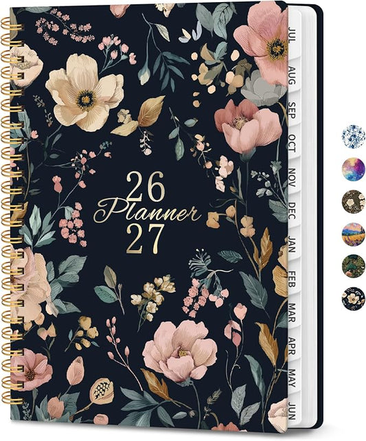 Planner 2026–2027, Academic Planner Weekly and Monthly Calendar Jul 2026 – Jun 2027 Hardcover Planner with Tabs and Pocket, Spiral Bound Agenda Book for Student & Teacher, 6.3" x 8.5", Evening Petals
