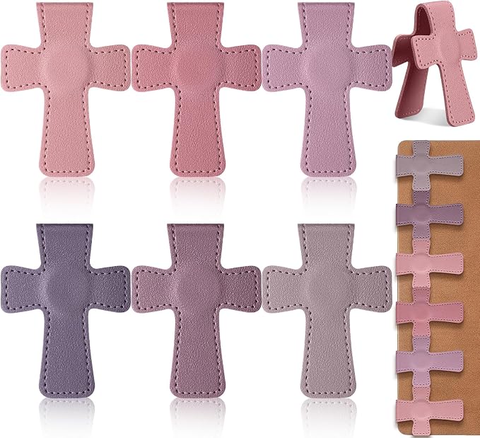 Relaxweex 6 Pcs Cross Leather Magnetic Bookmarks for Women Christian Bookmarks Page Markers Colorful Religious Cross Bookmark for Women Students Teachers Book Lovers Reading Supplies (Pink-Purple)